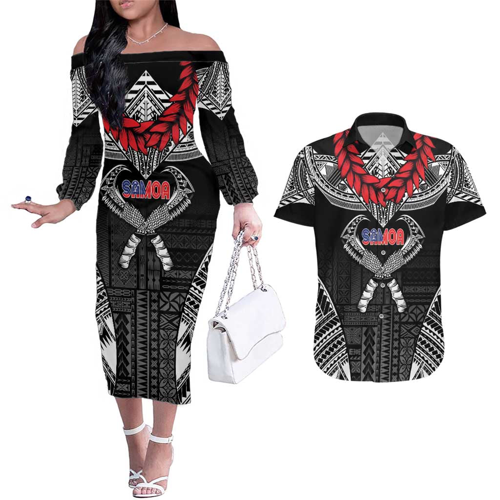 Personalized Talofa Samoa Couples Matching Off The Shoulder Long Sleeve Dress and Hawaiian Shirt Ulafala With Toa Nifo'oti - Black
