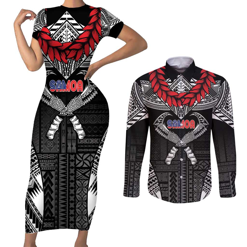 Personalized Talofa Samoa Couples Matching Short Sleeve Bodycon Dress and Long Sleeve Button Shirt Ulafala With Toa Nifo'oti - Black