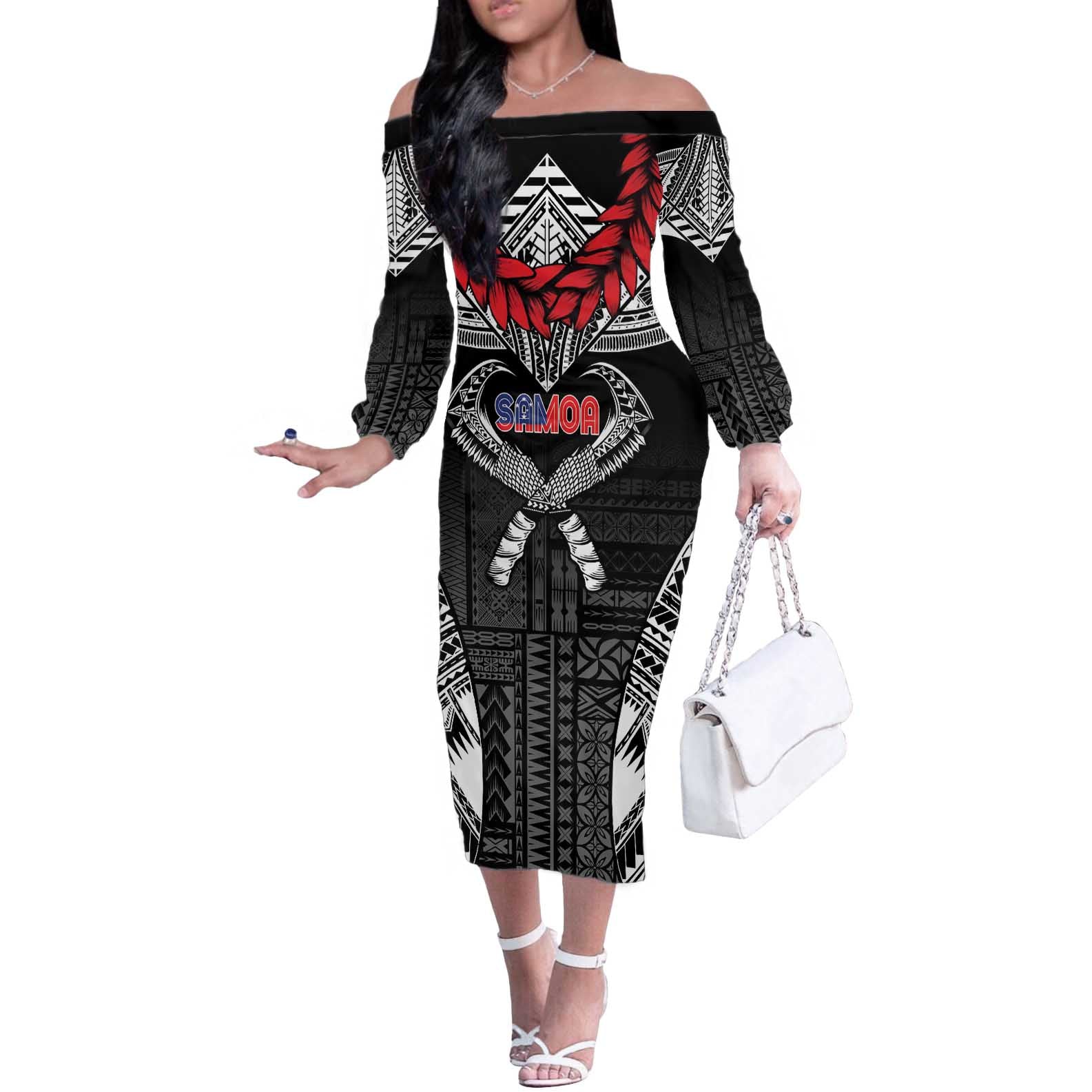 Personalized Talofa Samoa Off The Shoulder Long Sleeve Dress Ulafala With Toa Nifo'oti - Black