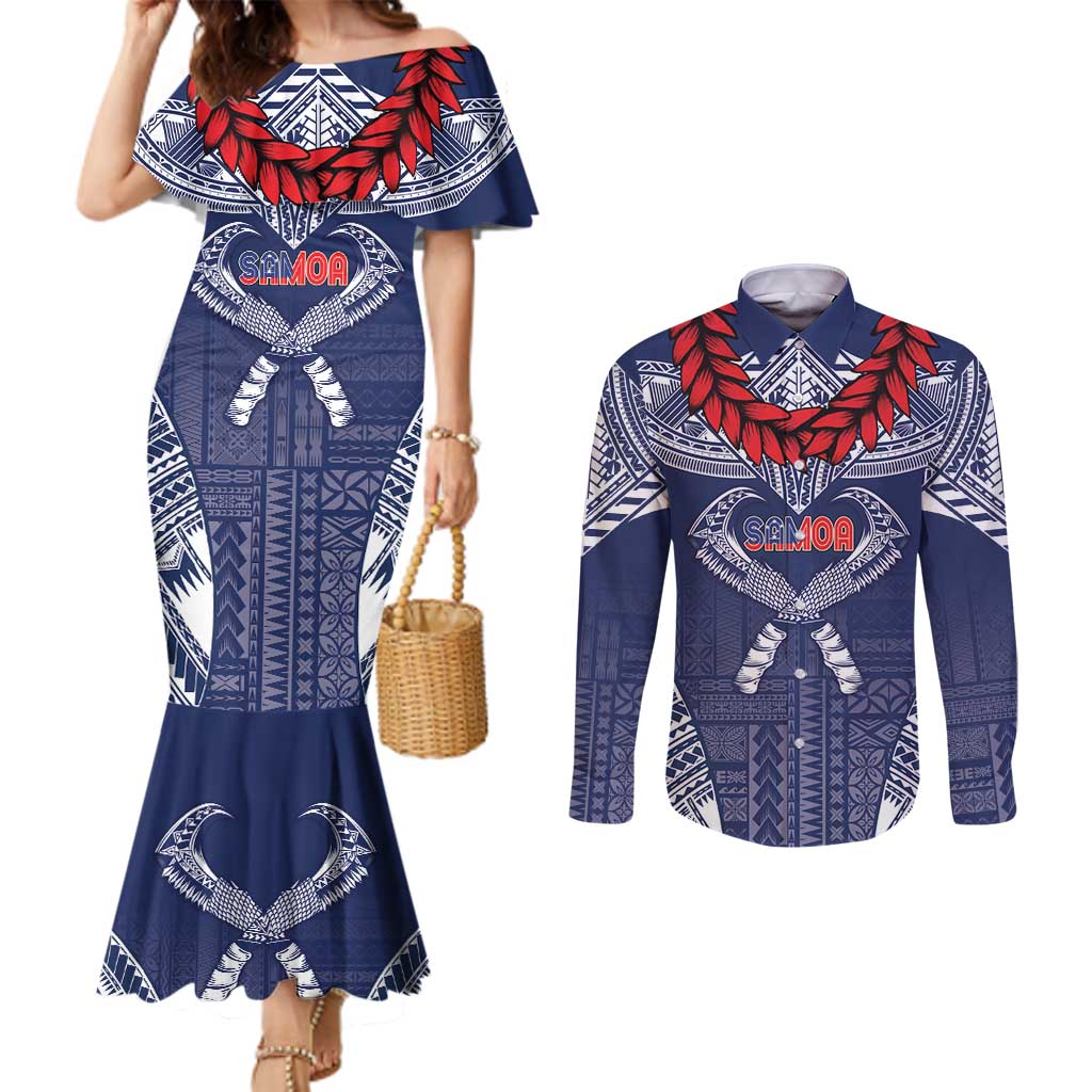 Personalized Talofa Samoa Couples Matching Mermaid Dress and Long Sleeve Button Shirt Ulafala With Toa Nifo'oti - Blue