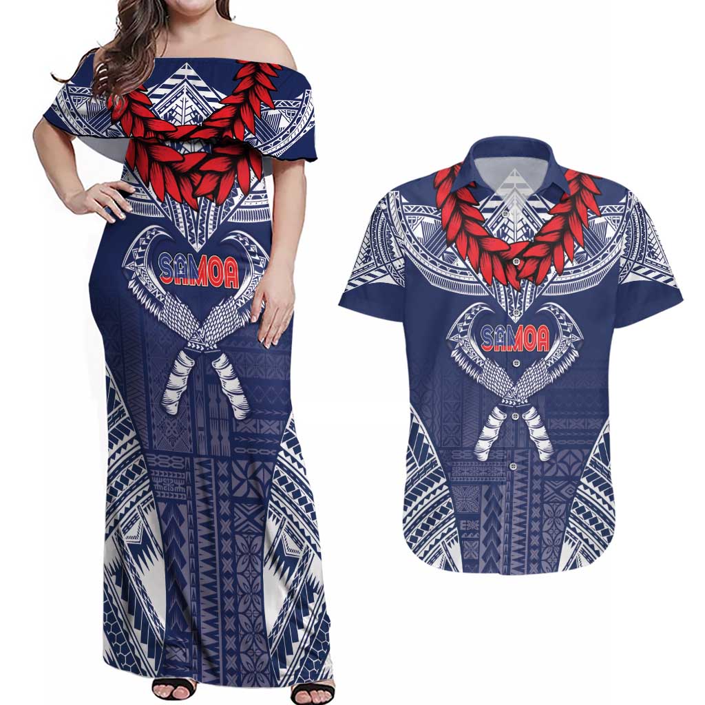Personalized Talofa Samoa Couples Matching Off Shoulder Maxi Dress and Hawaiian Shirt Ulafala With Toa Nifo'oti - Blue
