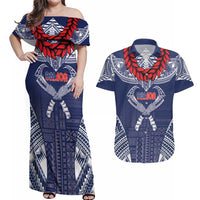 Personalized Talofa Samoa Couples Matching Off Shoulder Maxi Dress and Hawaiian Shirt Ulafala With Toa Nifo'oti - Blue