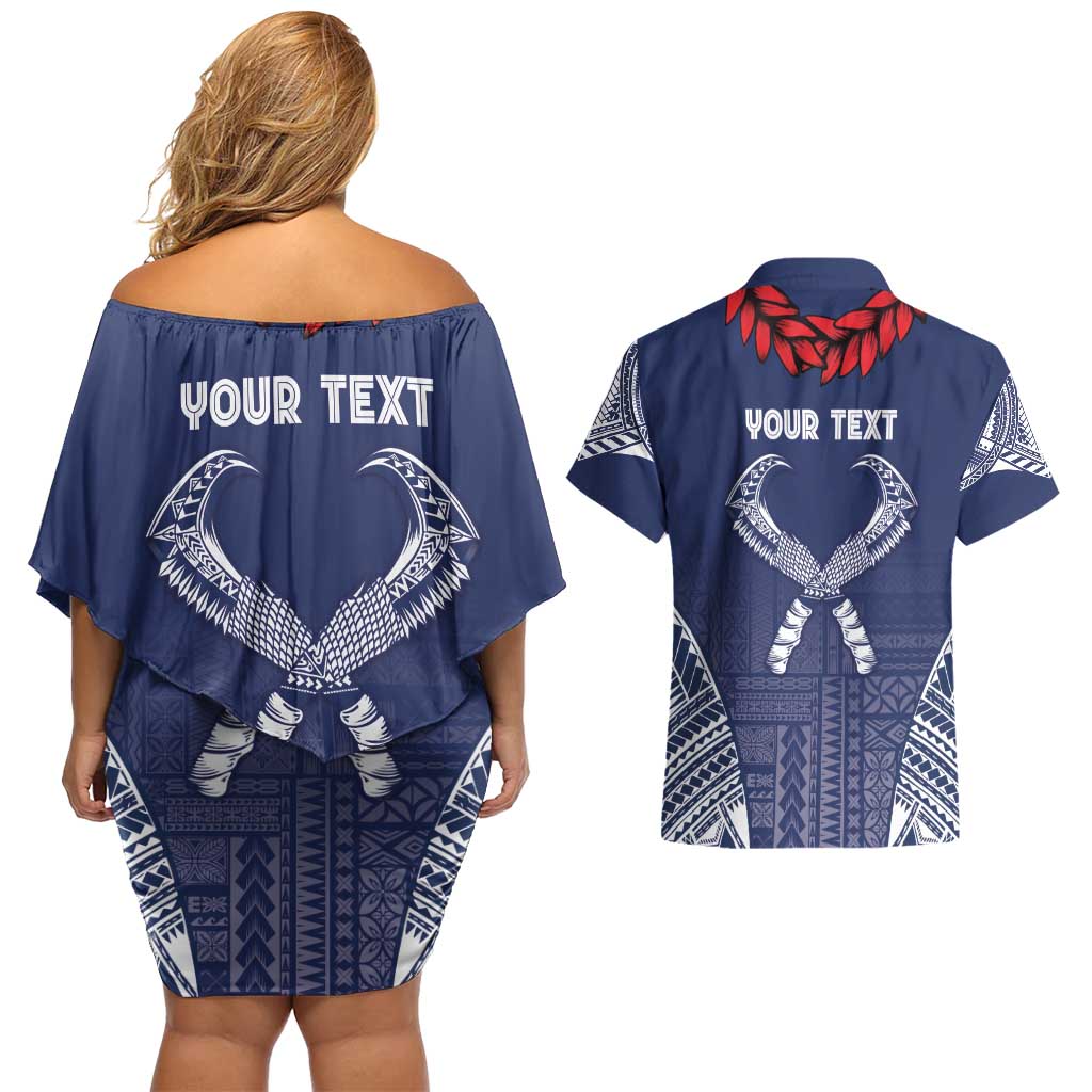 Personalized Talofa Samoa Couples Matching Off Shoulder Short Dress and Hawaiian Shirt Ulafala With Toa Nifo'oti - Blue