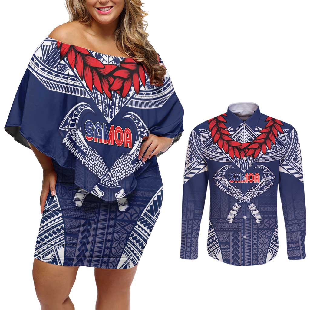 Personalized Talofa Samoa Couples Matching Off Shoulder Short Dress and Long Sleeve Button Shirt Ulafala With Toa Nifo'oti - Blue