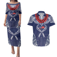 Personalized Talofa Samoa Couples Matching Puletasi and Hawaiian Shirt Ulafala With Toa Nifo'oti - Blue