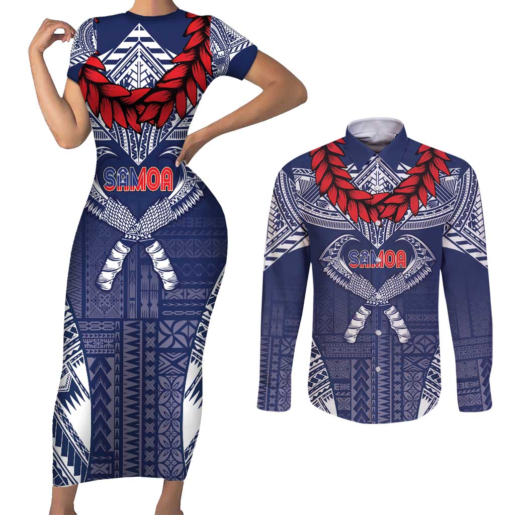 Personalized Talofa Samoa Couples Matching Short Sleeve Bodycon Dress and Long Sleeve Button Shirt Ulafala With Toa Nifo'oti - Blue