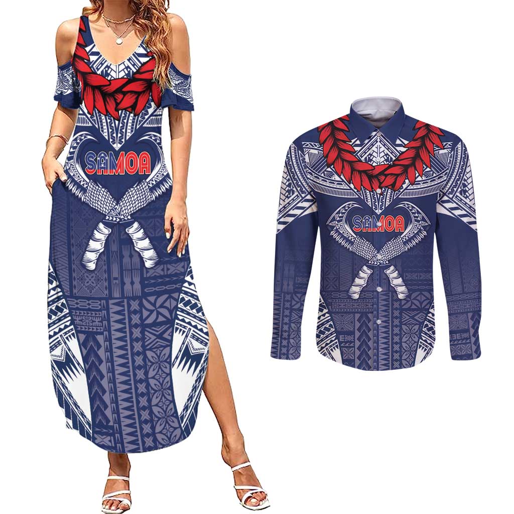 Personalized Talofa Samoa Couples Matching Summer Maxi Dress and Long Sleeve Button Shirt Ulafala With Toa Nifo'oti - Blue