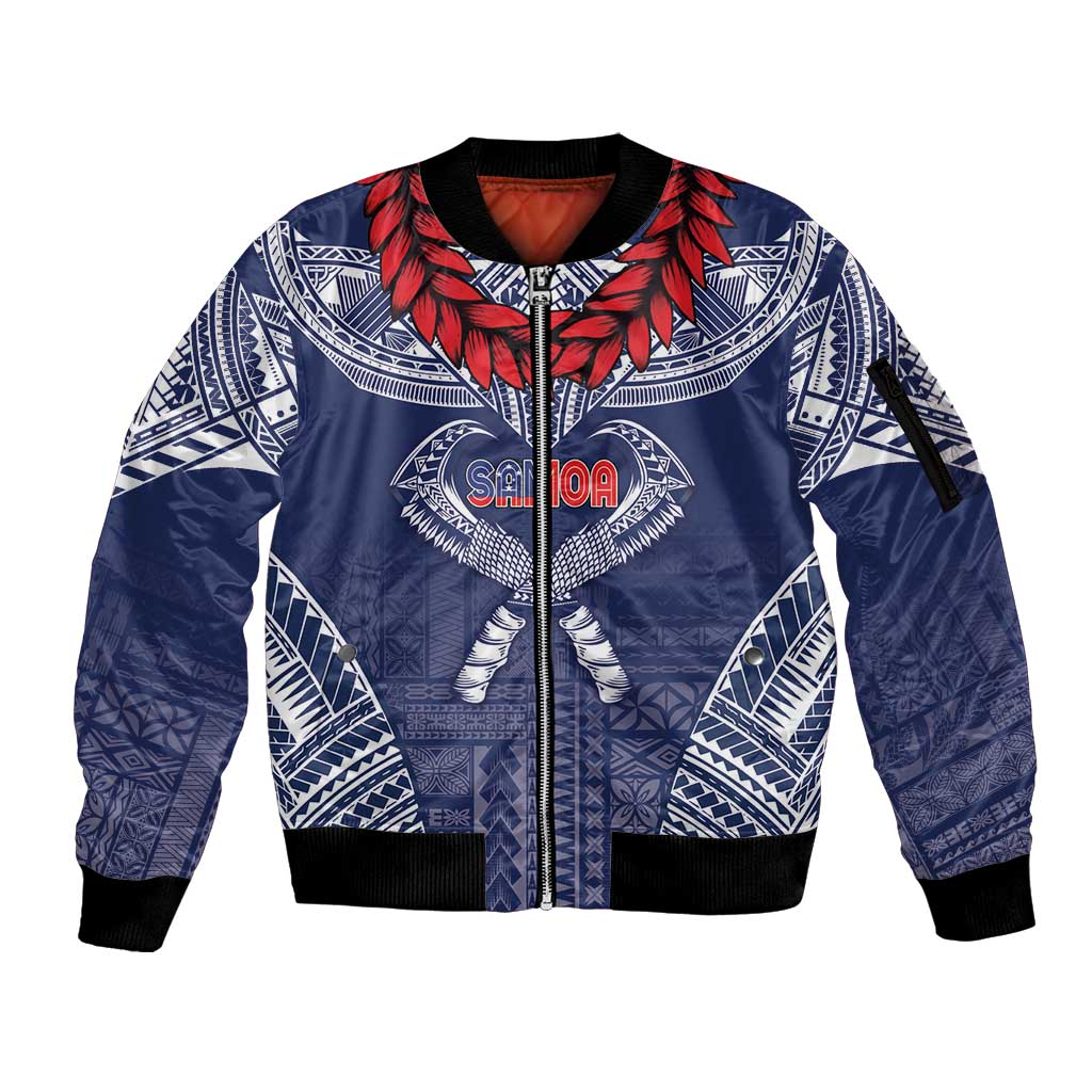 Personalized Talofa Samoa Sleeve Zip Bomber Jacket Ulafala With Toa Nifo'oti - Blue