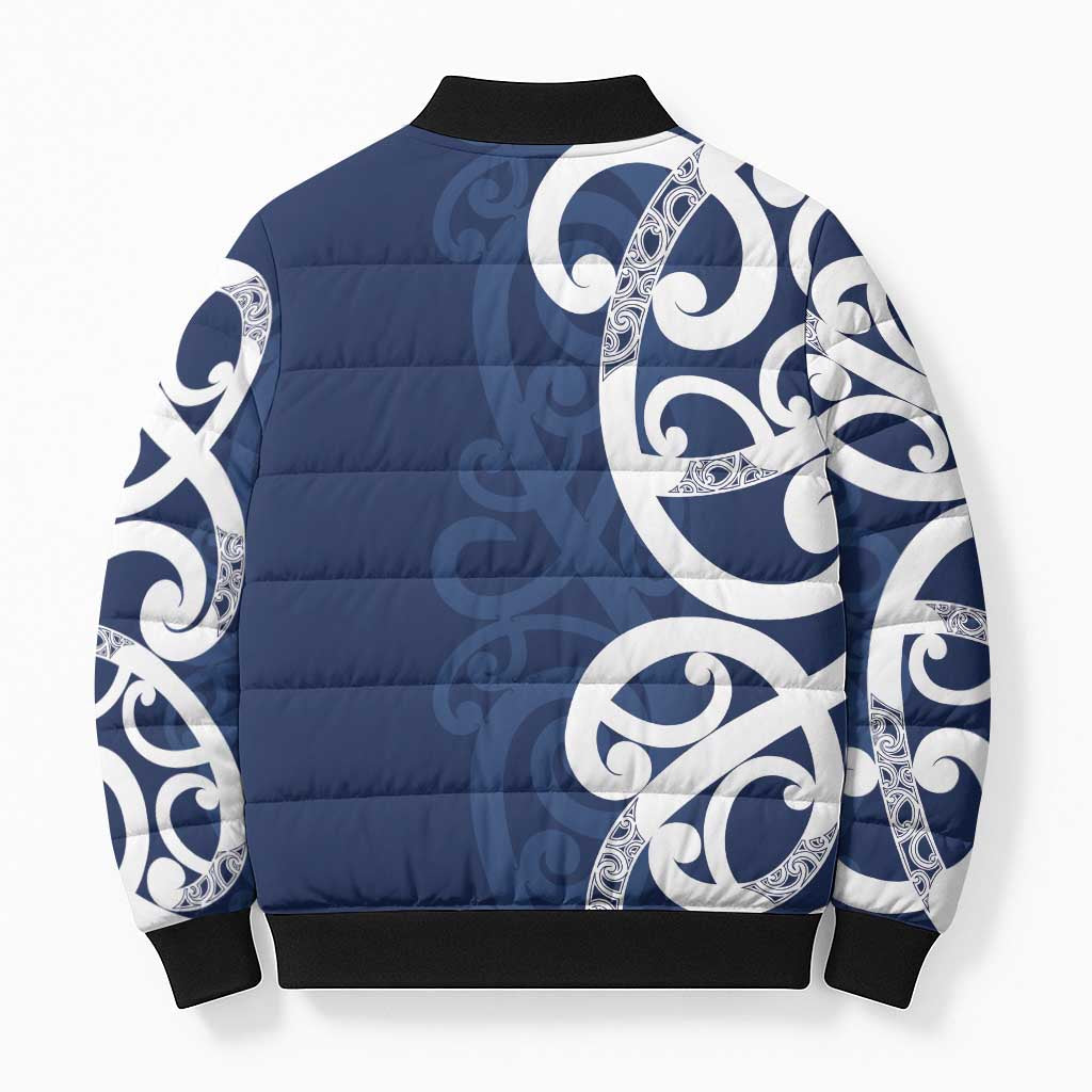 New Zealand Maori Mo Bros Bomber Puffer Jacket Blue Ribbon With Koru Kowhaiwhai - Polynesian Pride