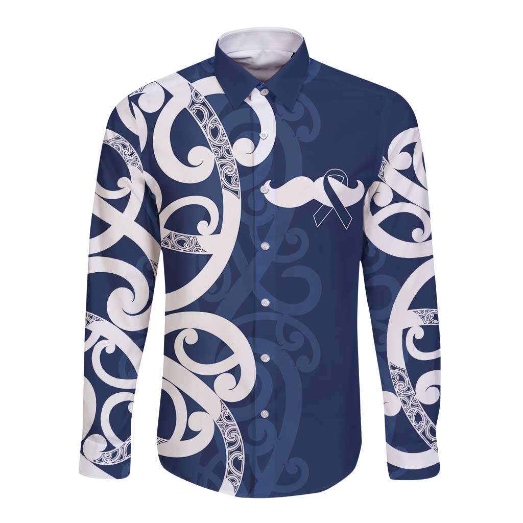 New Zealand Maori Mo Bros Long Sleeve Button Shirt Blue Ribbon With Koru Kowhaiwhai - Polynesian Pride