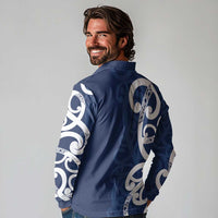 New Zealand Maori Mo Bros Long Sleeve Polo Shirt Blue Ribbon With Koru Kowhaiwhai - Polynesian Pride
