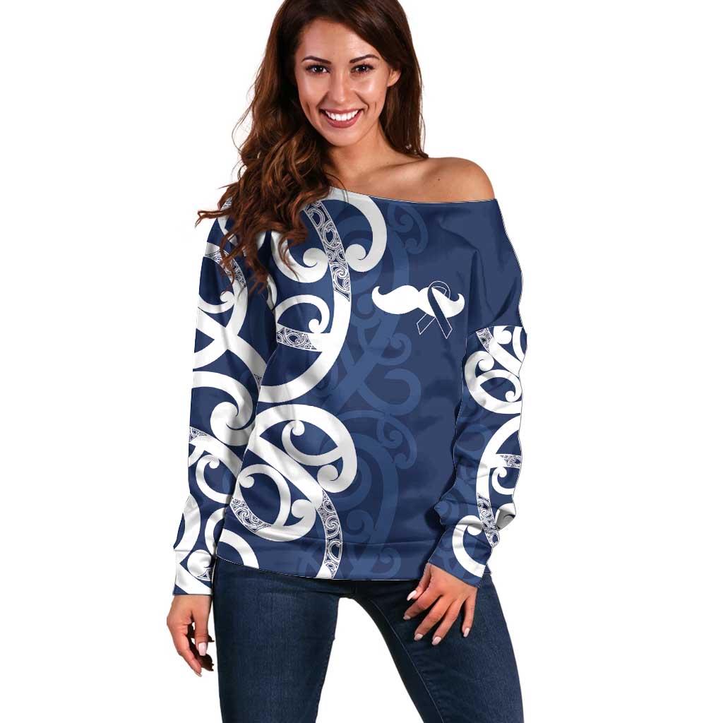 New Zealand Maori Mo Bros Off Shoulder Sweater Blue Ribbon With Koru Kowhaiwhai - Polynesian Pride