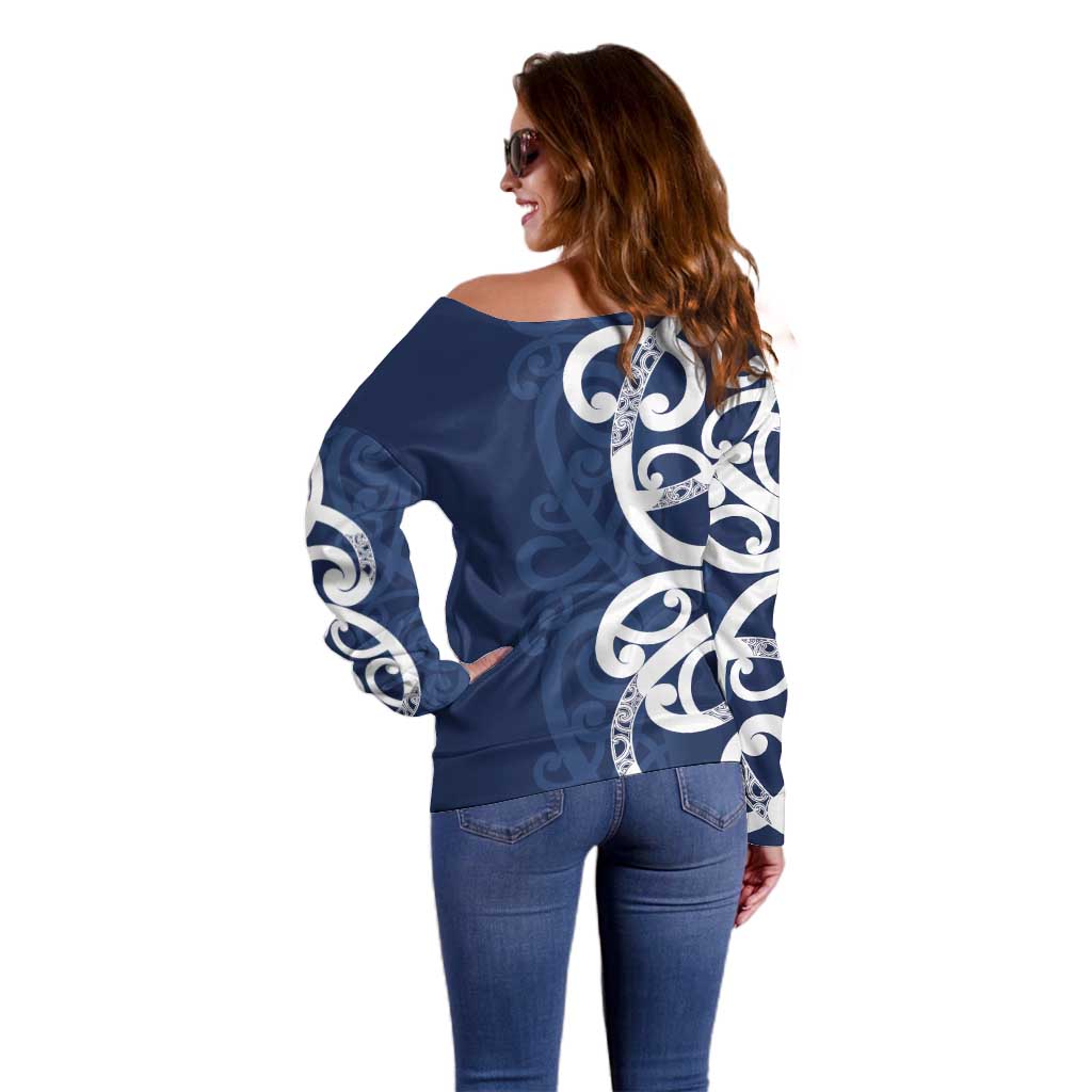 New Zealand Maori Mo Bros Off Shoulder Sweater Blue Ribbon With Koru Kowhaiwhai - Polynesian Pride