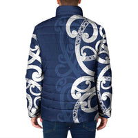 New Zealand Maori Mo Bros Padded Jacket Blue Ribbon With Koru Kowhaiwhai - Polynesian Pride