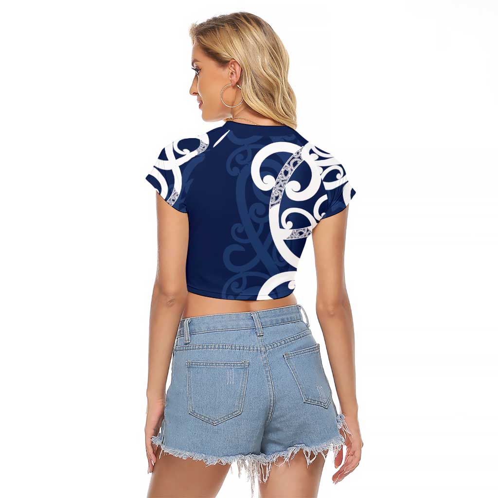 New Zealand Maori Mo Bros Raglan Cropped T Shirt Blue Ribbon With Koru Kowhaiwhai - Polynesian Pride