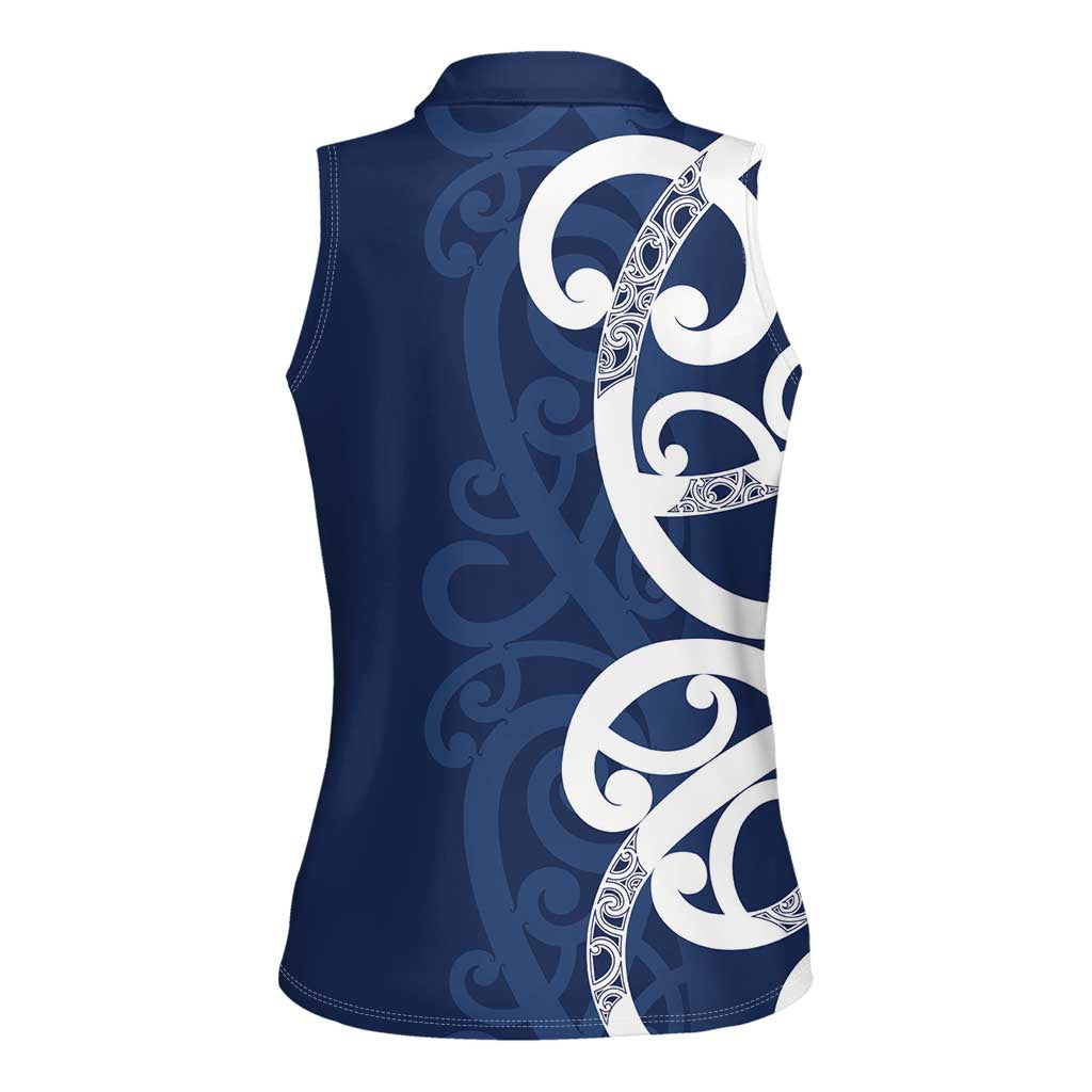 New Zealand Maori Mo Bros Women Sleeveless Polo Shirt Blue Ribbon With Koru Kowhaiwhai - Polynesian Pride
