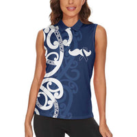 New Zealand Maori Mo Bros Women Sleeveless Polo Shirt Blue Ribbon With Koru Kowhaiwhai - Polynesian Pride