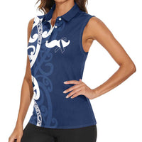 New Zealand Maori Mo Bros Women Sleeveless Polo Shirt Blue Ribbon With Koru Kowhaiwhai - Polynesian Pride