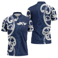 New Zealand Maori Mo Bros Zipper Polo Shirt Blue Ribbon With Koru Kowhaiwhai - Polynesian Pride