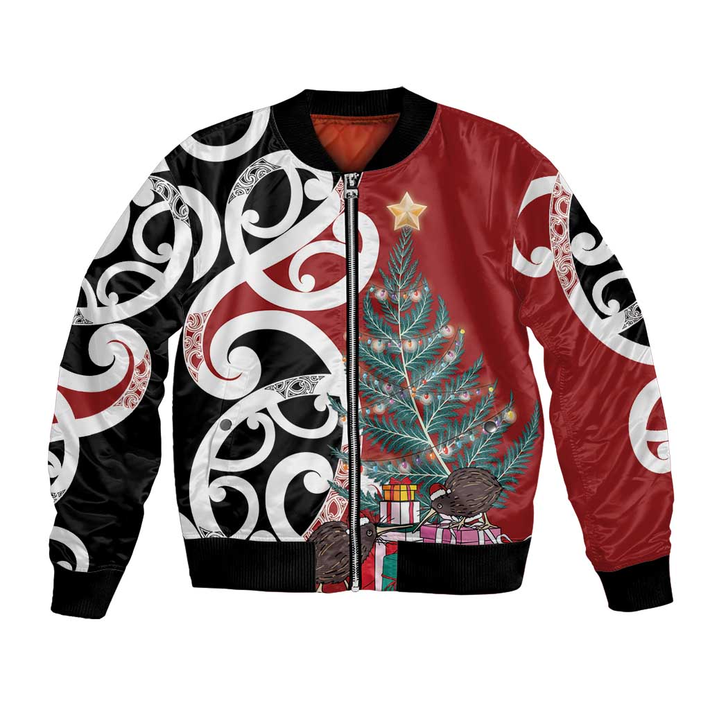 New Zealand Silver Fern Christmas Tree Bomber Jacket Meri Kirihimete LT7 Unisex Red - Polynesian Pride