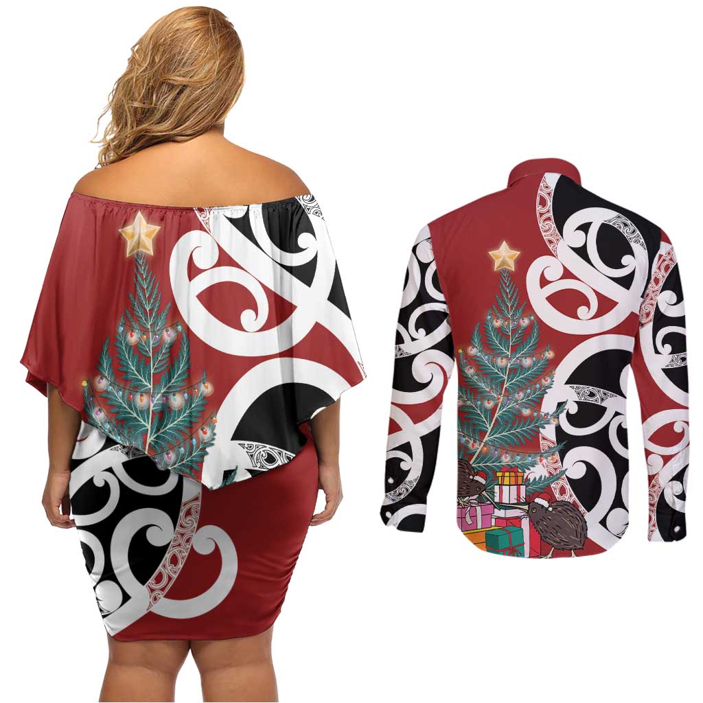 New Zealand Silver Fern Christmas Tree Couples Matching Off Shoulder Short Dress and Long Sleeve Button Shirt Meri Kirihimete - Polynesian Pride
