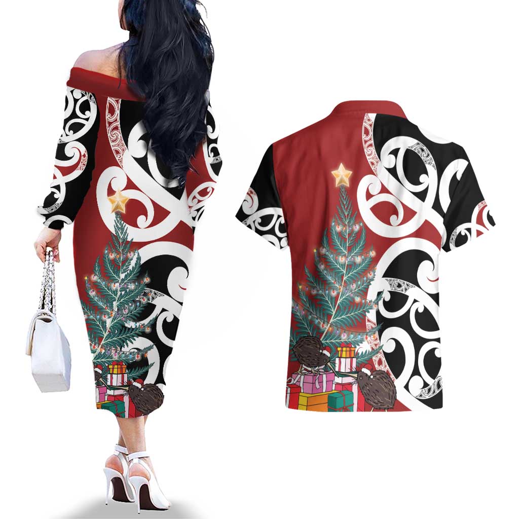 New Zealand Silver Fern Christmas Tree Couples Matching Off The Shoulder Long Sleeve Dress and Hawaiian Shirt Meri Kirihimete - Polynesian Pride