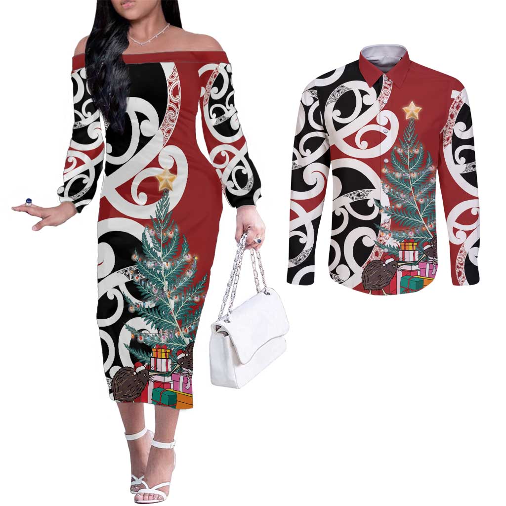 New Zealand Silver Fern Christmas Tree Couples Matching Off The Shoulder Long Sleeve Dress and Long Sleeve Button Shirt Meri Kirihimete - Polynesian Pride