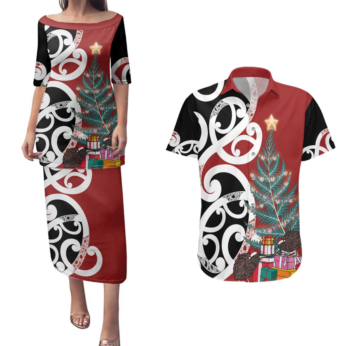 New Zealand Silver Fern Christmas Tree Couples Matching Puletasi and Hawaiian Shirt Meri Kirihimete - Polynesian Pride