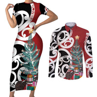 New Zealand Silver Fern Christmas Tree Couples Matching Short Sleeve Bodycon Dress and Long Sleeve Button Shirt Meri Kirihimete - Polynesian Pride