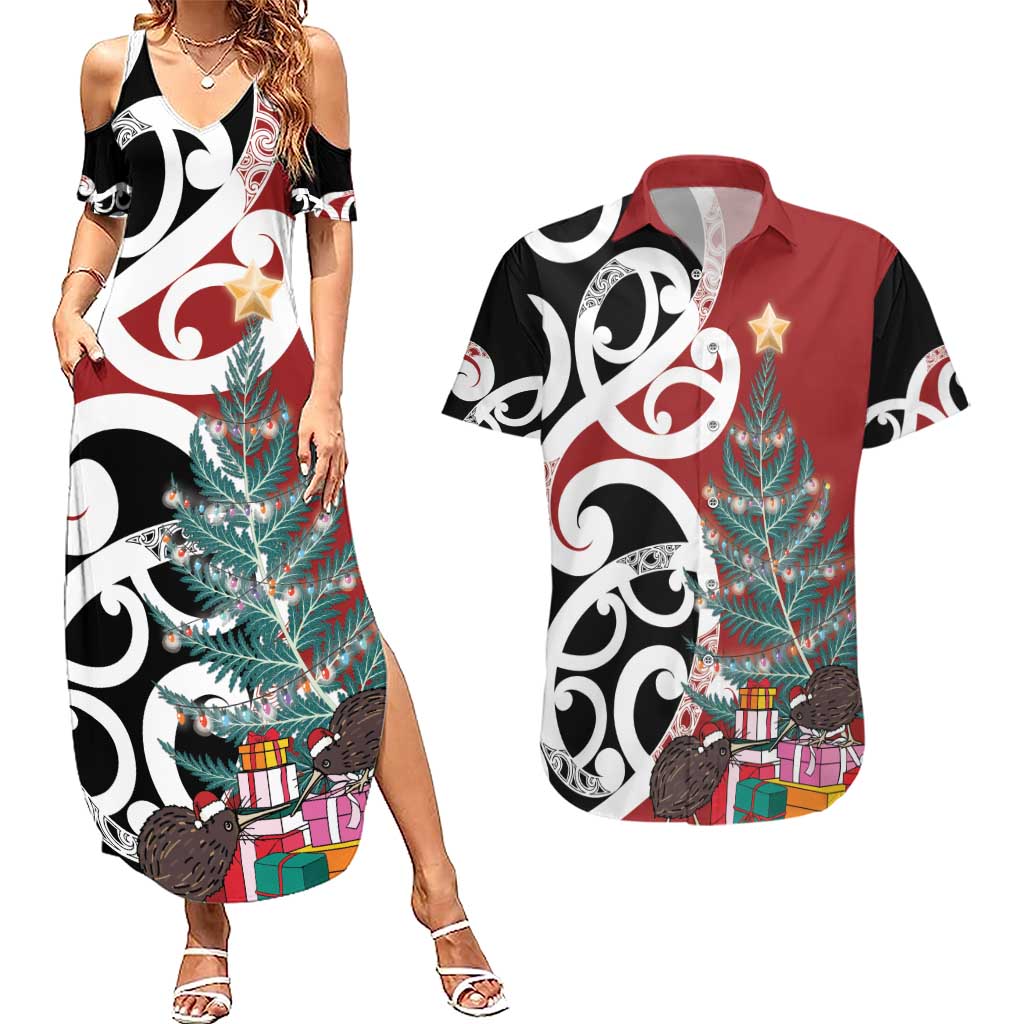 New Zealand Silver Fern Christmas Tree Couples Matching Summer Maxi Dress and Hawaiian Shirt Meri Kirihimete - Polynesian Pride
