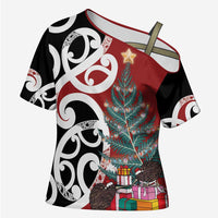 New Zealand Silver Fern Christmas Tree Cross Shoulder Shirt Meri Kirihimete - Polynesian Pride
