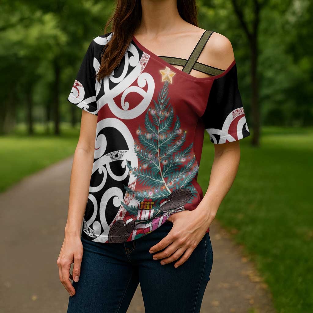 New Zealand Silver Fern Christmas Tree Cross Shoulder Shirt Meri Kirihimete - Polynesian Pride