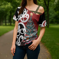 New Zealand Silver Fern Christmas Tree Cross Shoulder Shirt Meri Kirihimete - Polynesian Pride