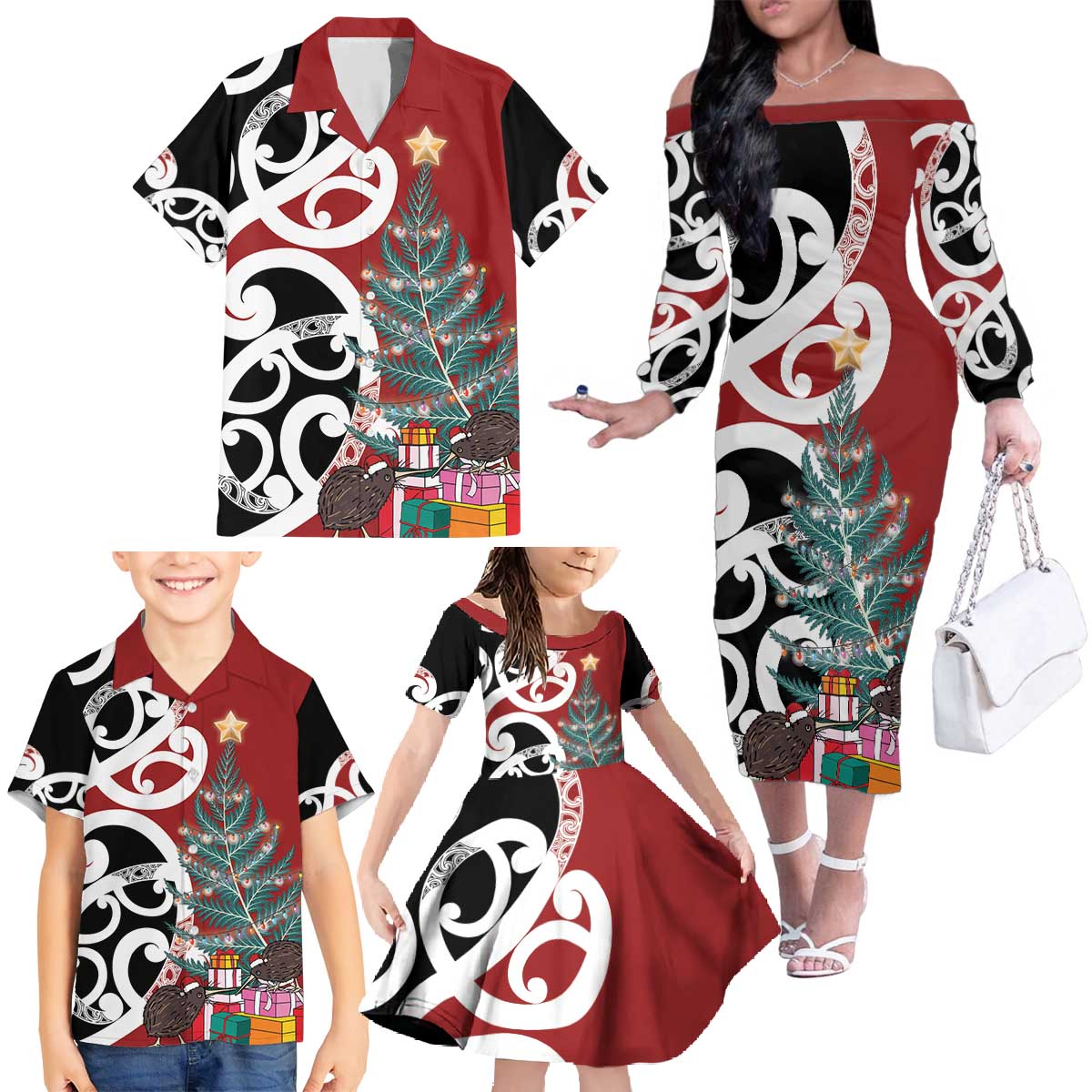 New Zealand Silver Fern Christmas Tree Family Matching Off The Shoulder Long Sleeve Dress and Hawaiian Shirt Meri Kirihimete - Polynesian Pride