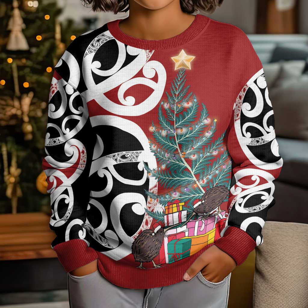 New Zealand Silver Fern Christmas Tree Kid Ugly Christmas Sweater Meri Kirihimete LT7 - Polynesian Pride