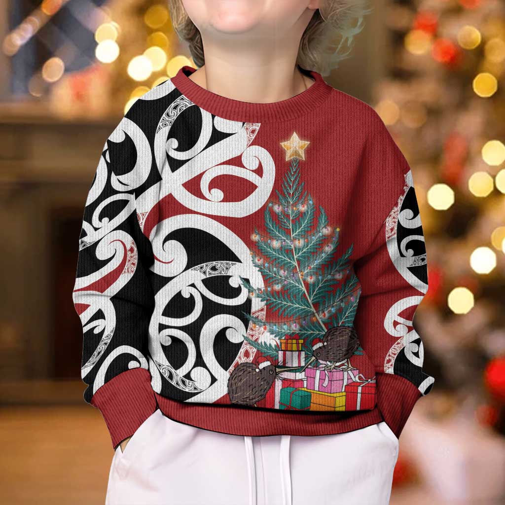 New Zealand Silver Fern Christmas Tree Kid Ugly Christmas Sweater Meri Kirihimete LT7 - Polynesian Pride