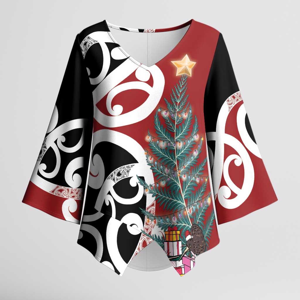 New Zealand Silver Fern Christmas Tree Kimono Sleeve Blouse Meri Kirihimete - Polynesian Pride