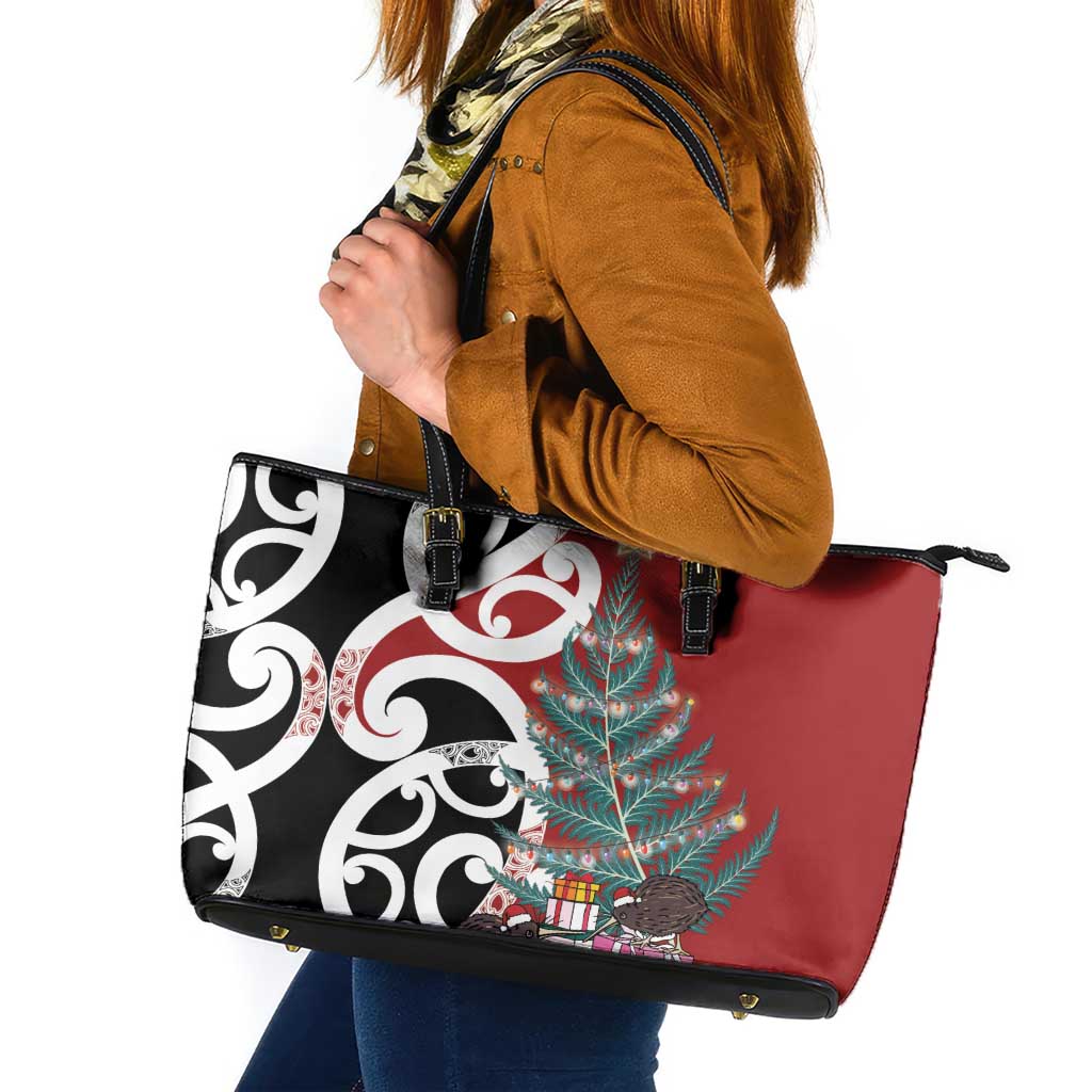 New Zealand Silver Fern Christmas Tree Leather Tote Bag Meri Kirihimete LT7 Red - Polynesian Pride