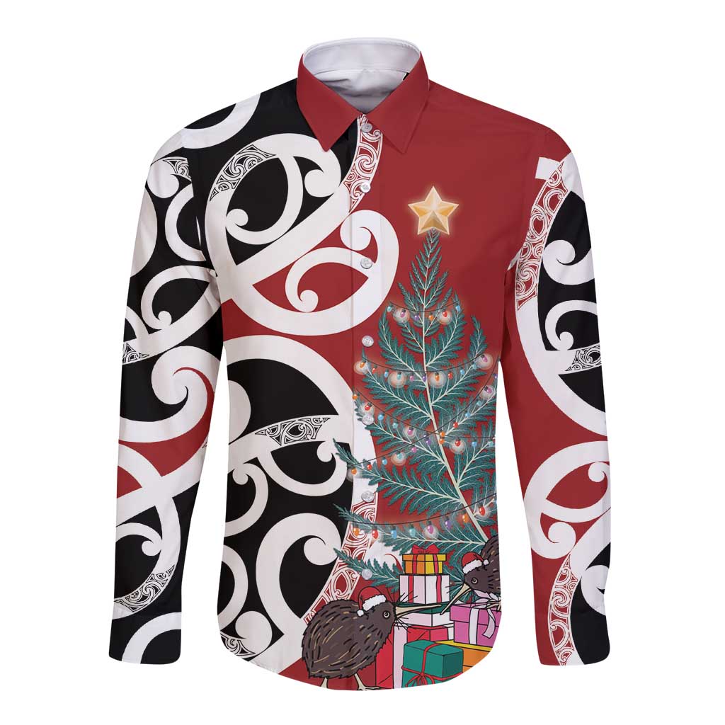 New Zealand Silver Fern Christmas Tree Long Sleeve Button Shirt Meri Kirihimete - Polynesian Pride
