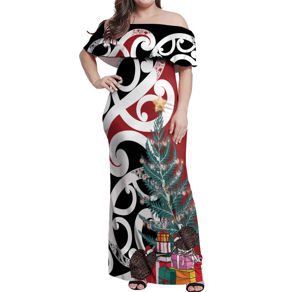New Zealand Silver Fern Christmas Tree Off Shoulder Maxi Dress Meri Kirihimete - Polynesian Pride