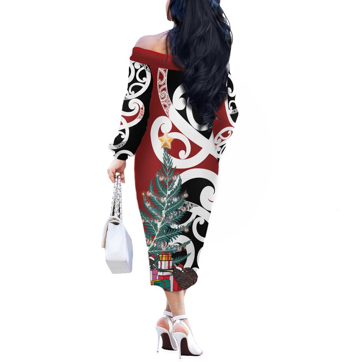 New Zealand Silver Fern Christmas Tree Off The Shoulder Long Sleeve Dress Meri Kirihimete - Polynesian Pride