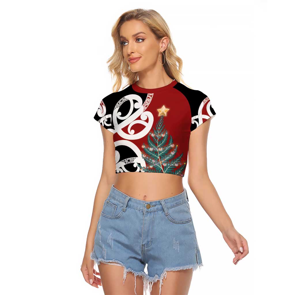 New Zealand Silver Fern Christmas Tree Raglan Cropped T Shirt Meri Kirihimete - Polynesian Pride