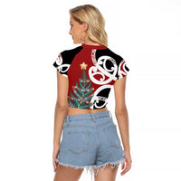 New Zealand Silver Fern Christmas Tree Raglan Cropped T Shirt Meri Kirihimete - Polynesian Pride