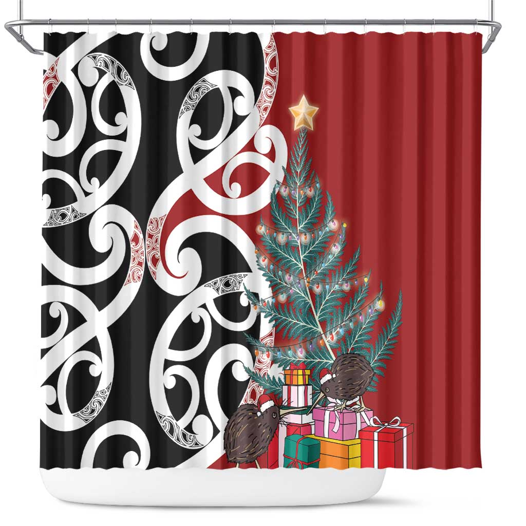 New Zealand Silver Fern Christmas Tree Shower Curtain Meri Kirihimete LT7 Red - Polynesian Pride