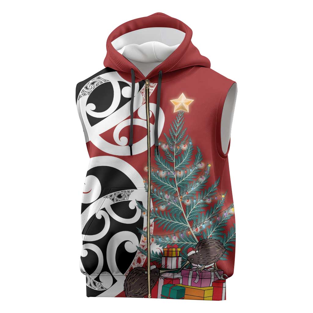 New Zealand Silver Fern Christmas Tree Sleeveless Zip Hoodie Meri Kirihimete - Polynesian Pride
