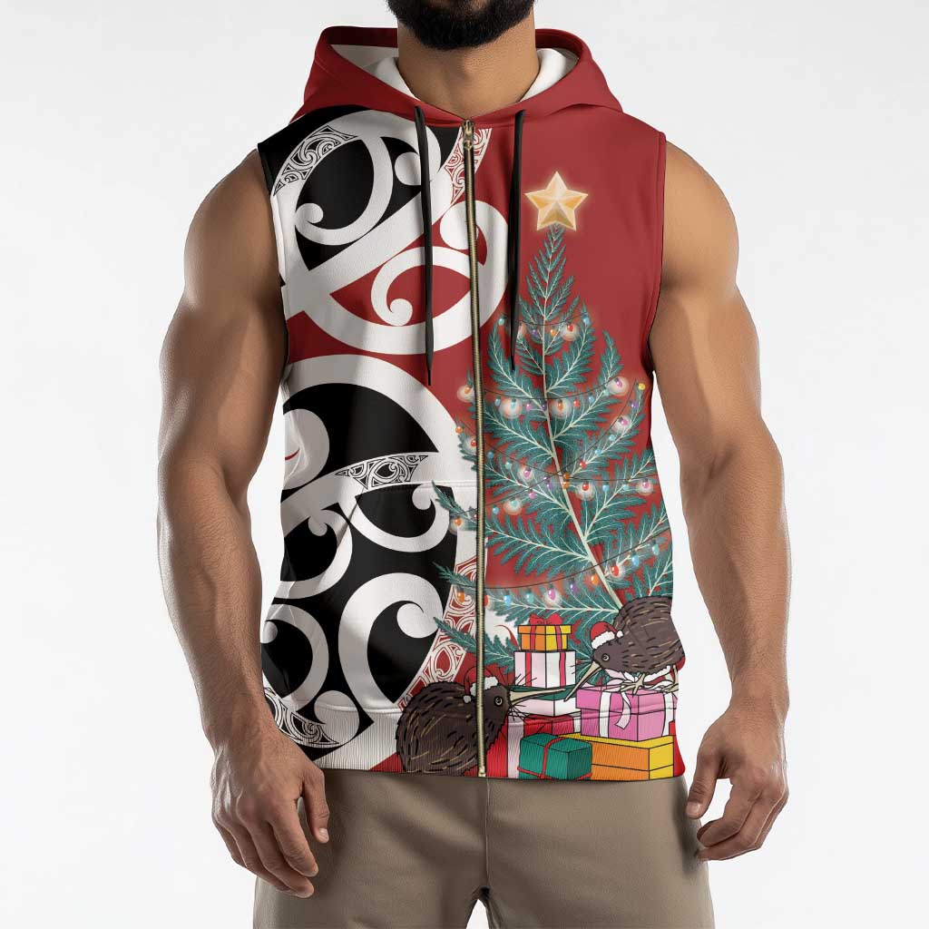 New Zealand Silver Fern Christmas Tree Sleeveless Zip Hoodie Meri Kirihimete - Polynesian Pride