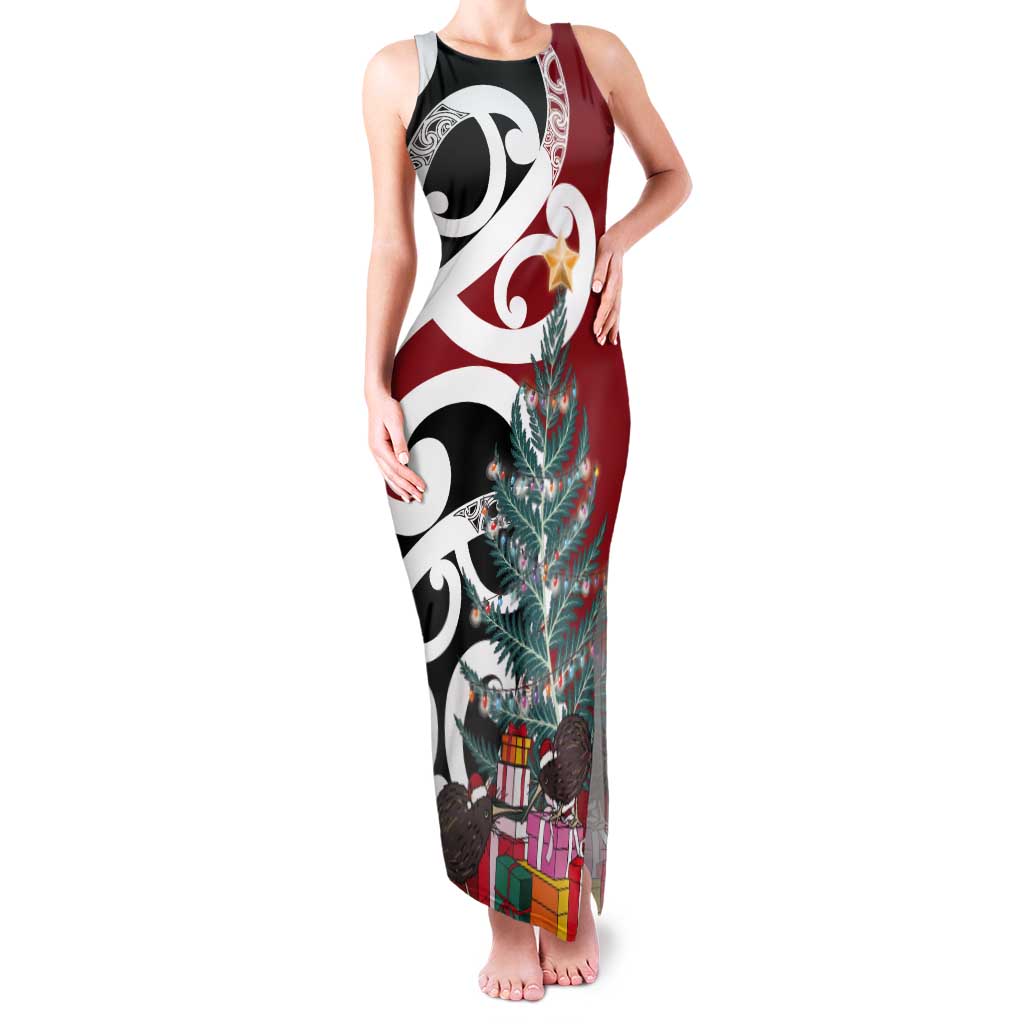 New Zealand Silver Fern Christmas Tree Tank Maxi Dress Meri Kirihimete LT7 Women Red - Polynesian Pride