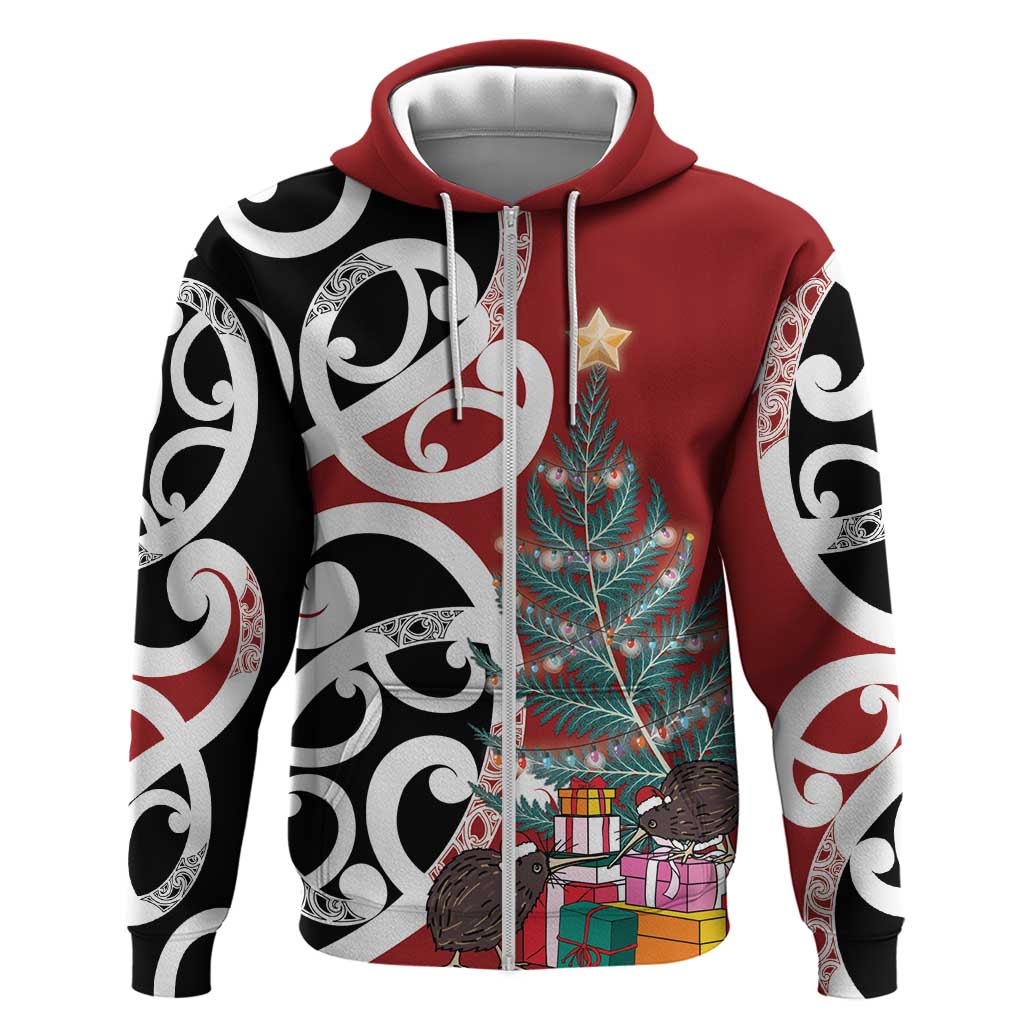 New Zealand Silver Fern Christmas Tree Zip Hoodie Meri Kirihimete - Polynesian Pride