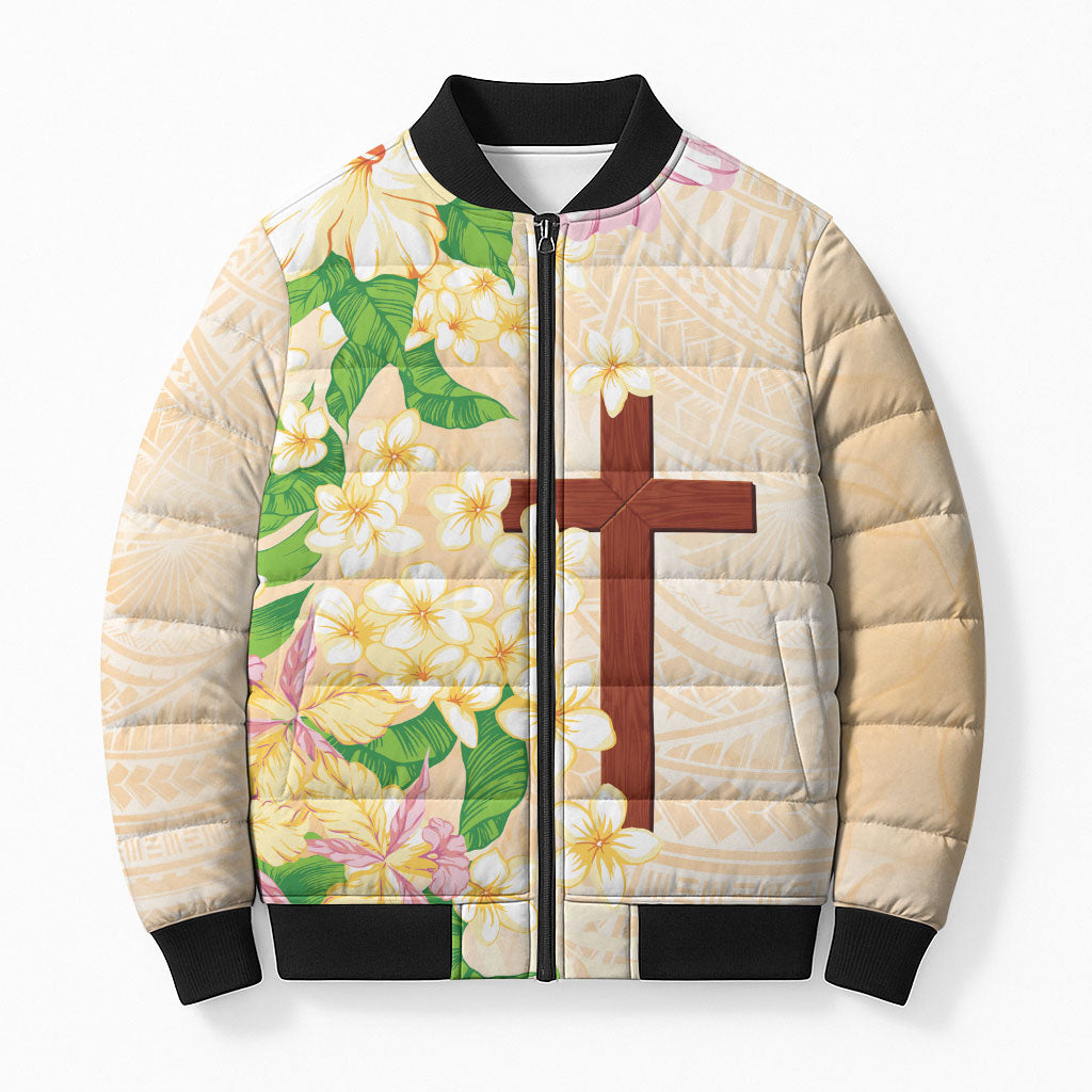 Samoa AIGA Floral Theme Bomber Puffer Jacket Always In God's Arms