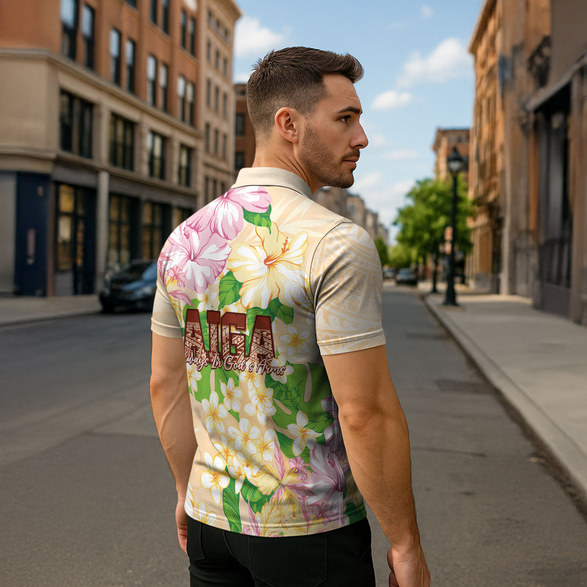 Samoa AIGA Floral Theme Zipper Polo Shirt Always In God's Arms